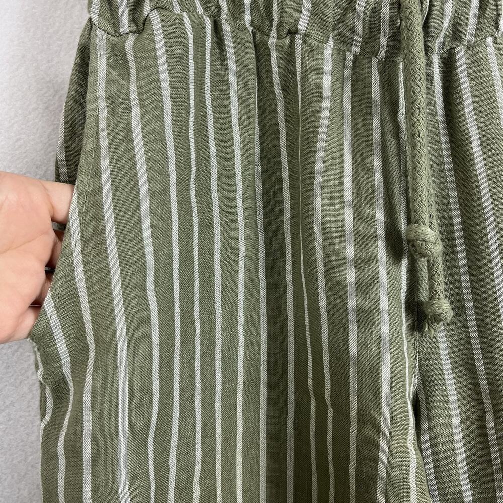 100% Lin Blanc Drawstring Linen Trousers Women's 38 Olive Green & White Striped - Picture 4 of 11